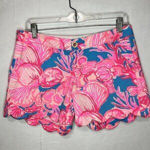 Lilly Pulitzer 5" Shorts Pink Blue Buttercup Short Scalloped Hem Sz 0